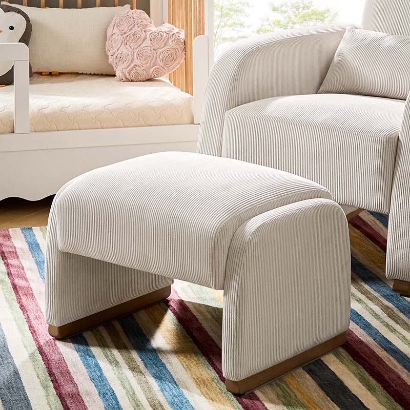 Ottoman rond en velours côtelé avec pieds en bois d'hévéa | Beige / Gris / Blanc | Simple