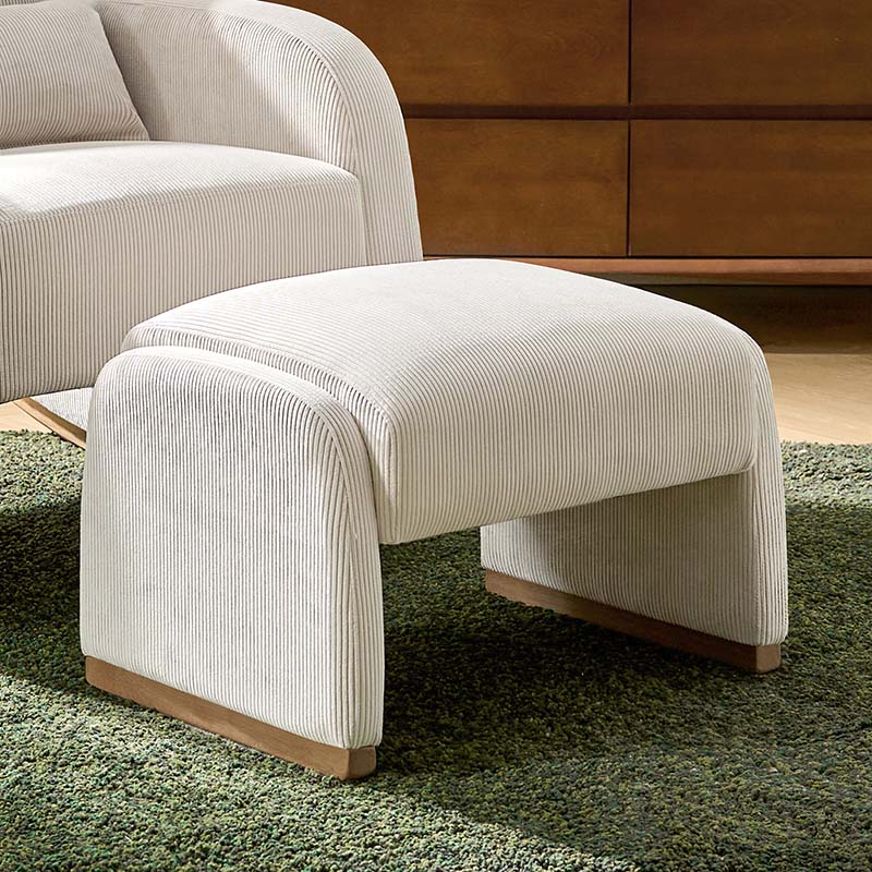 Ottoman rond en velours côtelé avec pieds en bois d'hévéa | Beige / Gris / Blanc | Simple