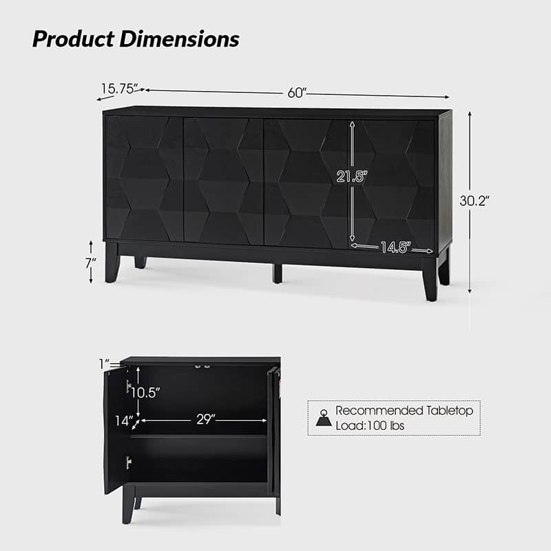 Buffet à 4 portes de 152 cm avec portes à fermeture douce, 2 étagères réglables et pieds en bois massif | Noyer / Blanc / Noir / Bois flotté | Unité
