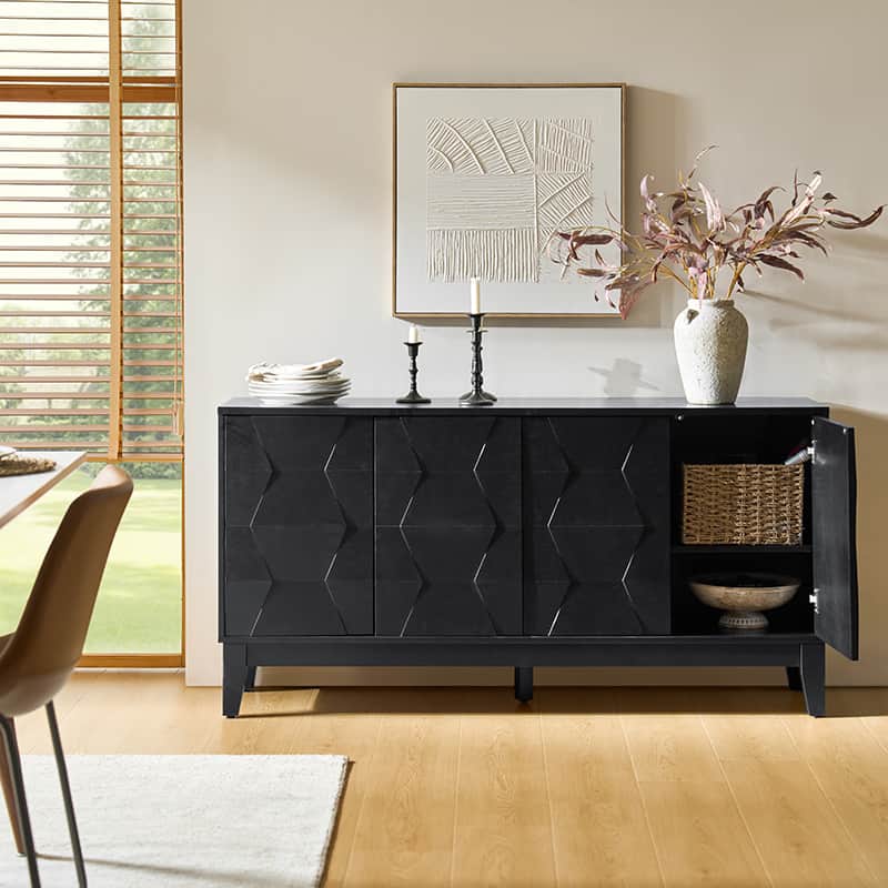 Buffet à 4 portes de 152 cm avec portes à fermeture douce, 2 étagères réglables et pieds en bois massif | Noyer / Blanc / Noir / Bois flotté | Unité