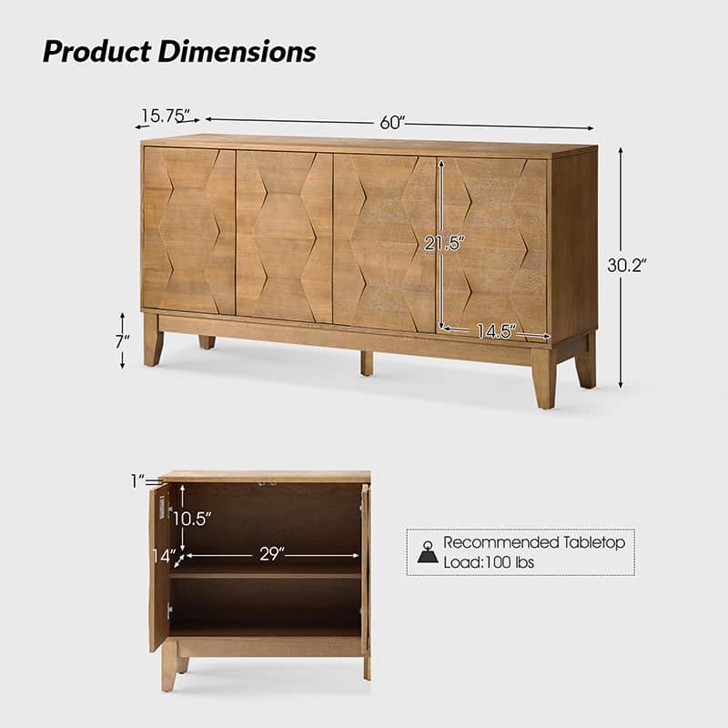 Buffet à 4 portes de 152 cm avec portes à fermeture douce, 2 étagères réglables et pieds en bois massif | Noyer / Blanc / Noir / Bois flotté | Unité