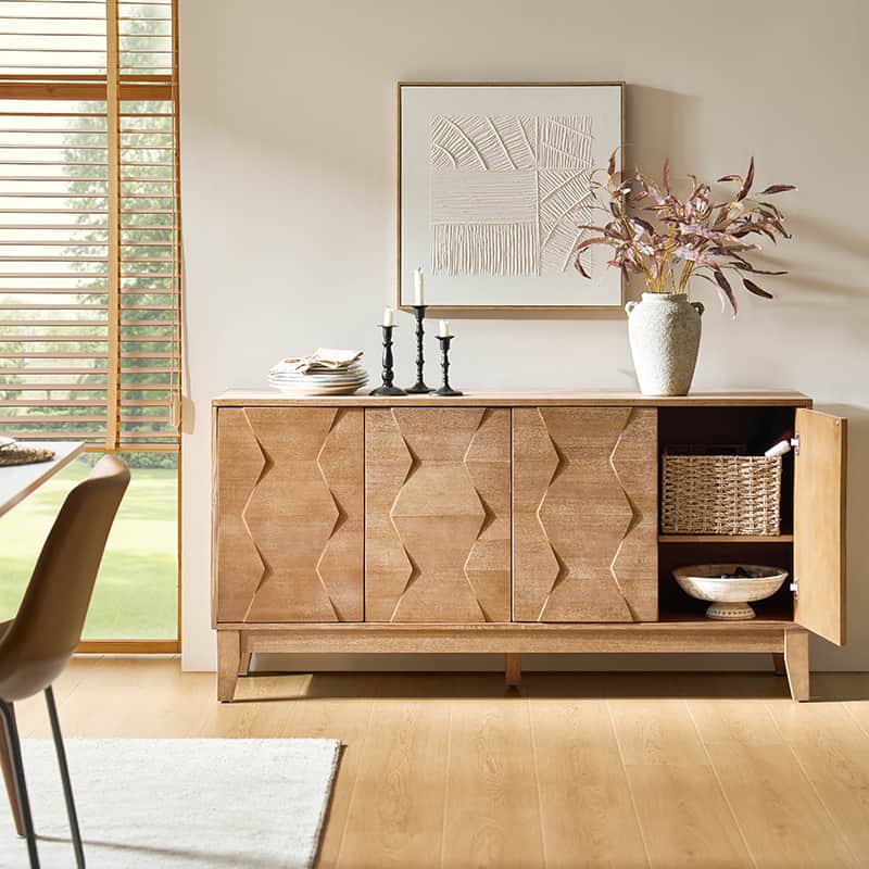 Buffet à 4 portes de 152 cm avec portes à fermeture douce, 2 étagères réglables et pieds en bois massif | Noyer / Blanc / Noir / Bois flotté | Unité
