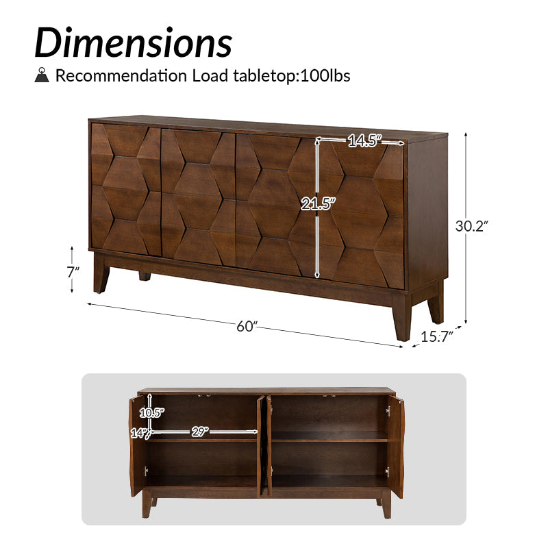 Buffet à 4 portes de 152 cm avec portes à fermeture douce, 2 étagères réglables et pieds en bois massif | Noyer / Blanc / Noir / Bois flotté | Unité