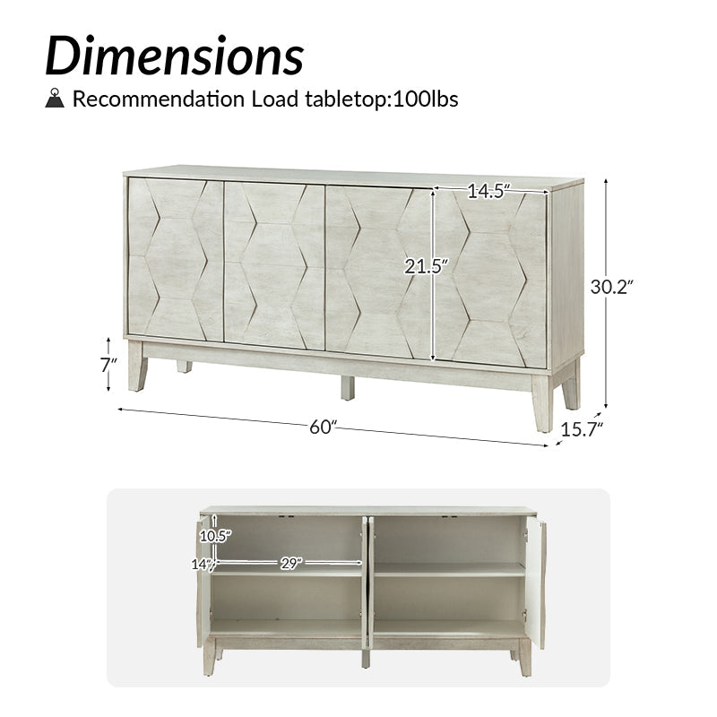 Buffet à 4 portes de 152 cm avec portes à fermeture douce, 2 étagères réglables et pieds en bois massif | Noyer / Blanc / Noir / Bois flotté | Unité