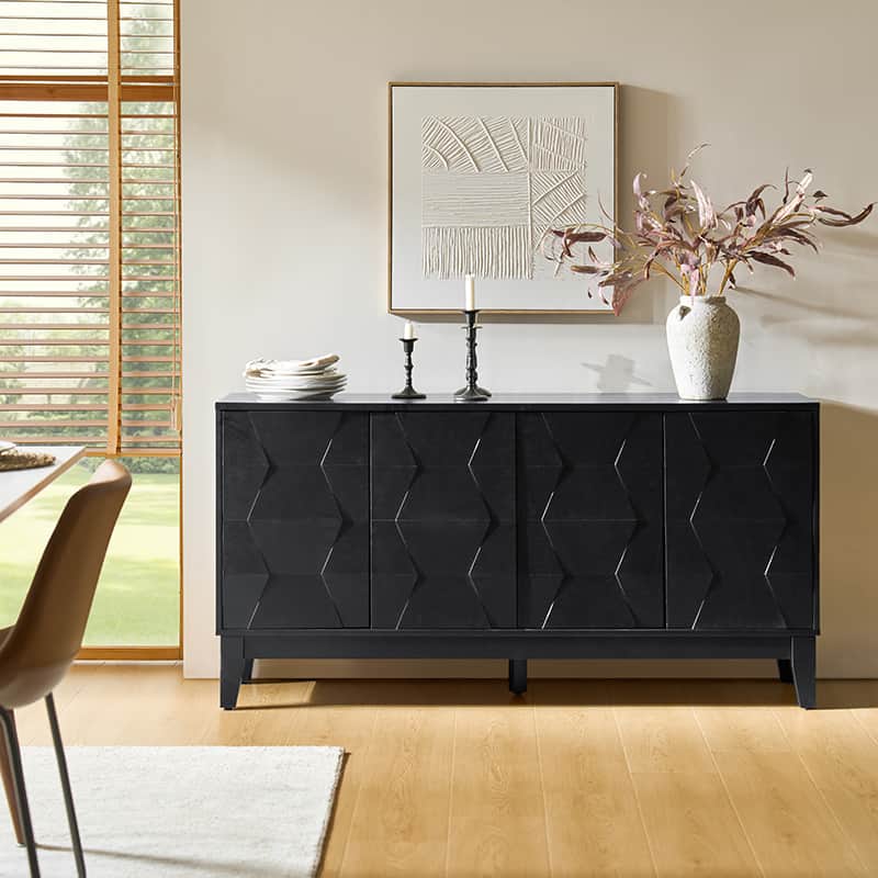 Buffet à 4 portes de 152 cm avec portes à fermeture douce, 2 étagères réglables et pieds en bois massif | Noyer / Blanc / Noir / Bois flotté | Unité