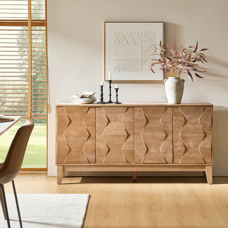 Buffet à 4 portes de 152 cm avec portes à fermeture douce, 2 étagères réglables et pieds en bois massif | Noyer / Blanc / Noir / Bois flotté | Unité