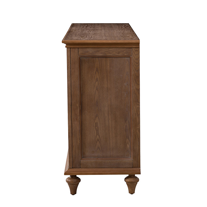 Bahut à 3 tiroirs et 4 portes de 147,3 cm avec glissières à billes, 3 étagères intérieures et pieds en bois massif | Blanc / Chêne | Simple