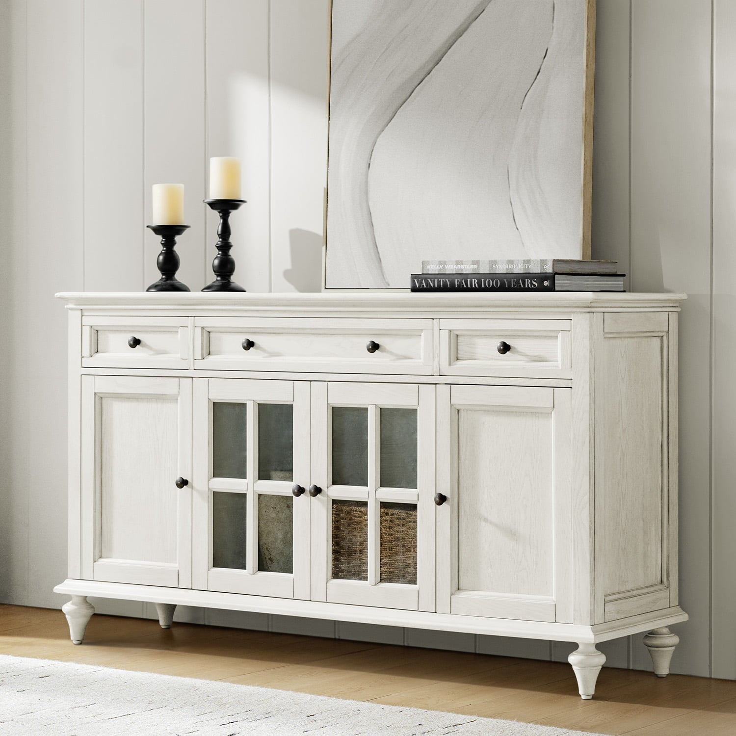 Bahut à 3 tiroirs et 4 portes de 147,3 cm avec glissières à billes, 3 étagères intérieures et pieds en bois massif | Blanc / Chêne | Simple