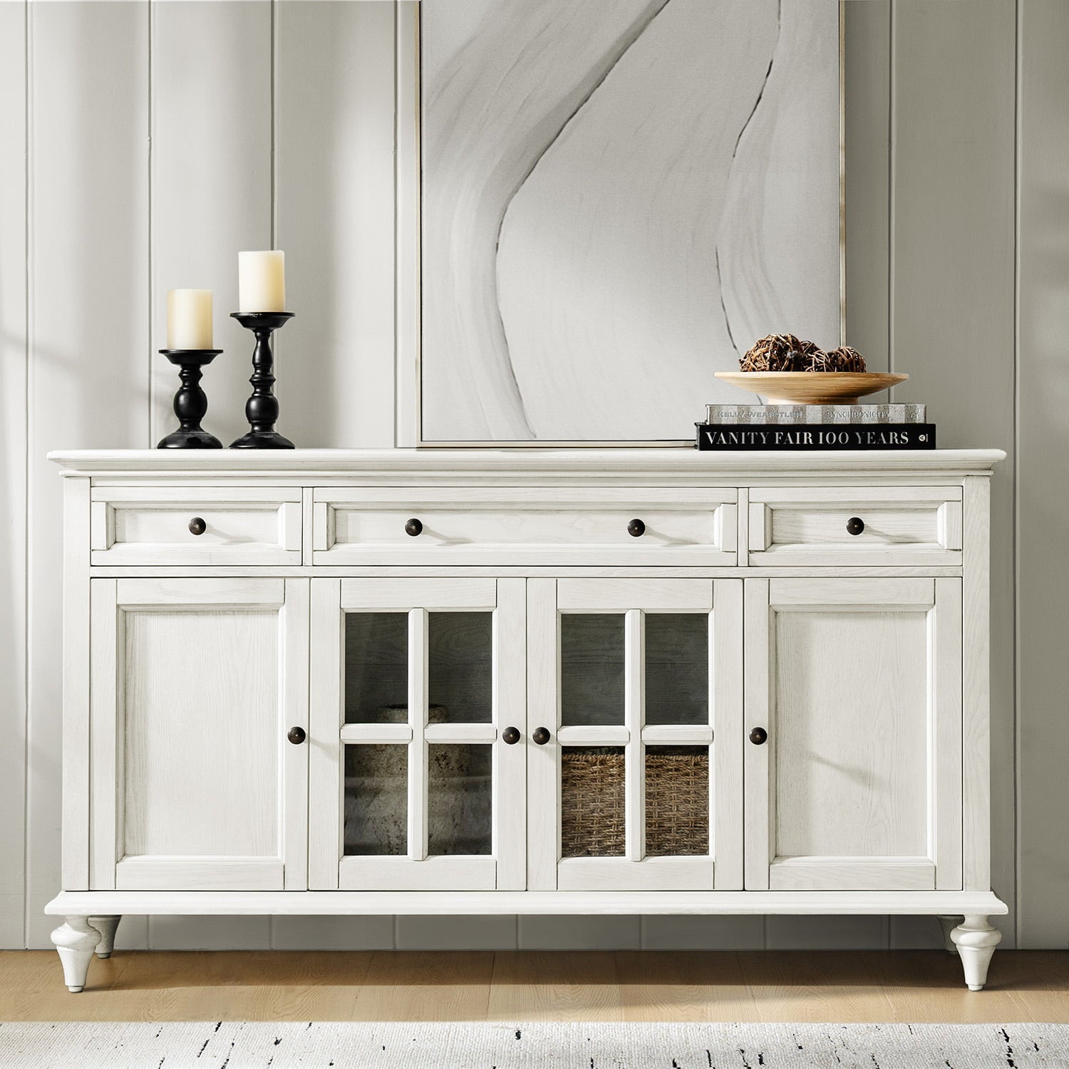 Bahut à 3 tiroirs et 4 portes de 147,3 cm avec glissières à billes, 3 étagères intérieures et pieds en bois massif | Blanc / Chêne | Simple