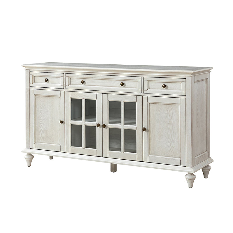 Bahut à 3 tiroirs et 4 portes de 147,3 cm avec glissières à billes, 3 étagères intérieures et pieds en bois massif | Blanc / Chêne | Simple