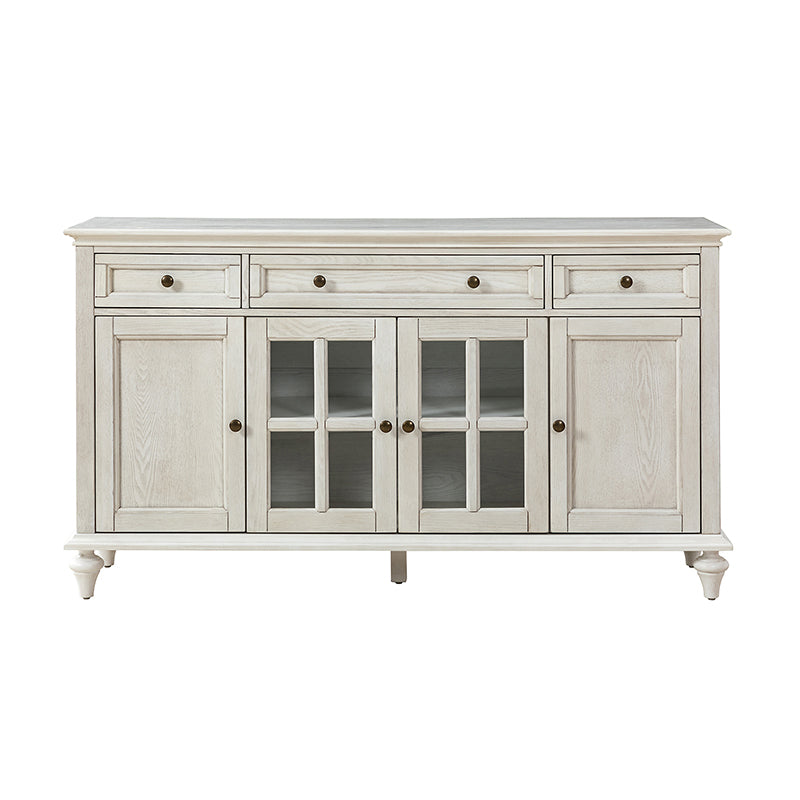 Bahut à 3 tiroirs et 4 portes de 147,3 cm avec glissières à billes, 3 étagères intérieures et pieds en bois massif | Blanc / Chêne | Simple