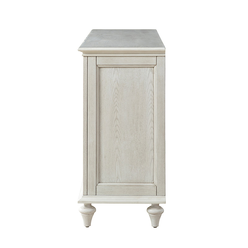 Bahut à 3 tiroirs et 4 portes de 147,3 cm avec glissières à billes, 3 étagères intérieures et pieds en bois massif | Blanc / Chêne | Simple