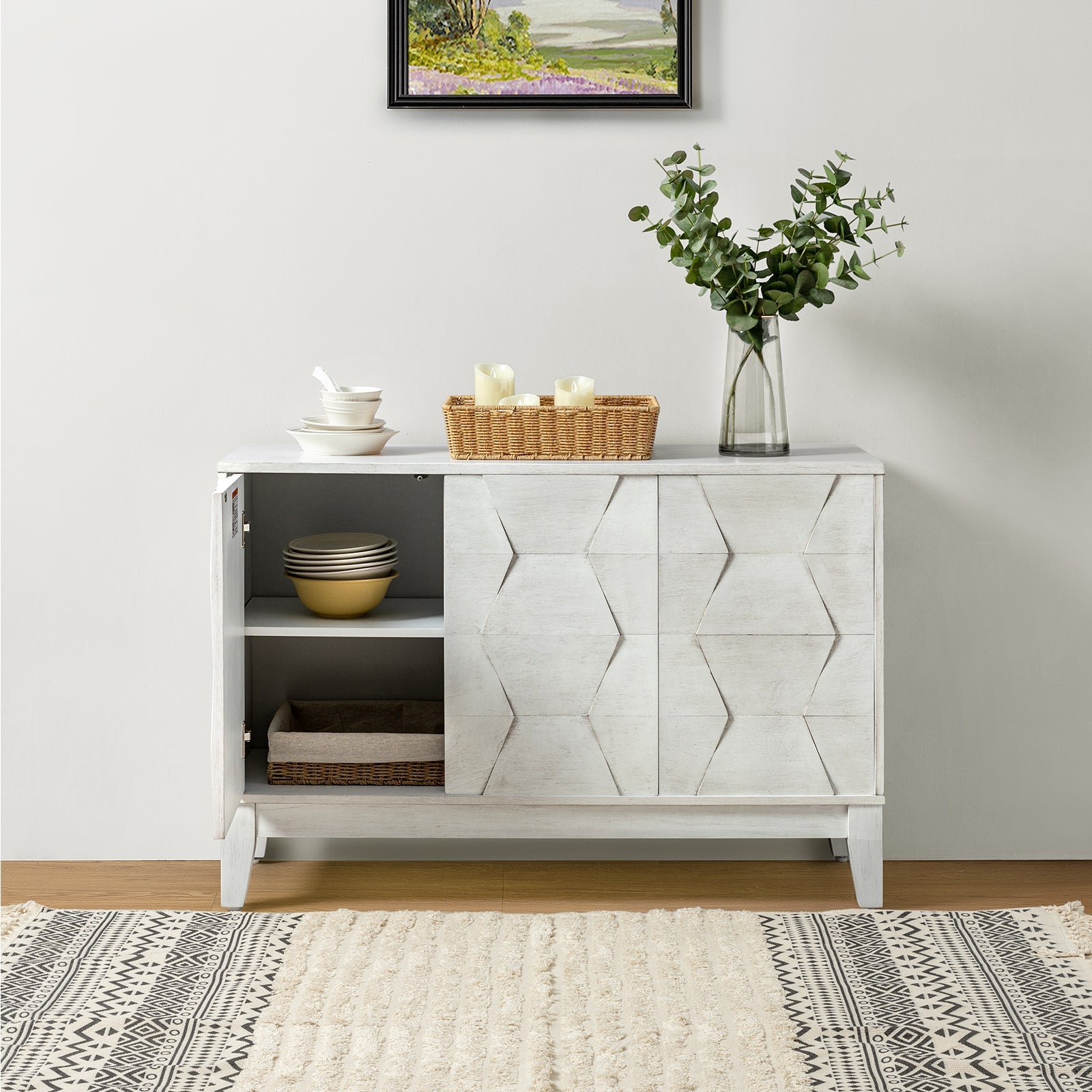 Buffet 3 portes à motif hexagonal en relief de 45 po avec portes à ouverture par pression, 2 tablettes ajustables et pieds effilés en bois d'hévéa | Noyer / Bois flotté / Noir / Blanc | Simple