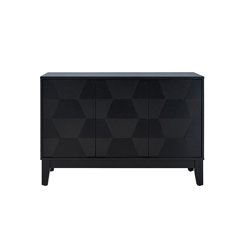 Buffet 3 portes à motif hexagonal en relief de 45 po avec portes à ouverture par pression, 2 tablettes ajustables et pieds effilés en bois d'hévéa | Noyer / Bois flotté / Noir / Blanc | Simple