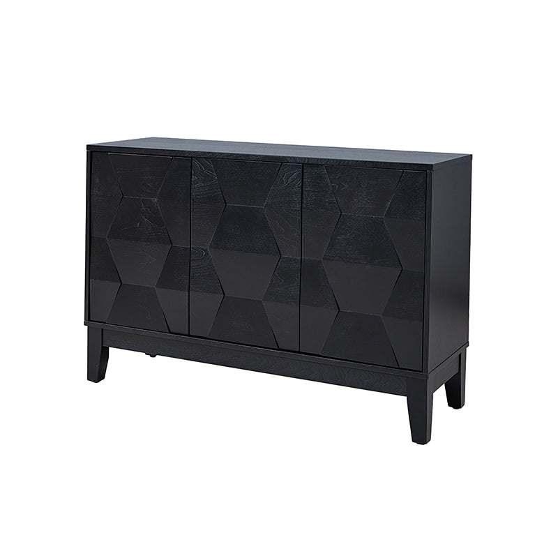 Buffet 3 portes à motif hexagonal en relief de 45 po avec portes à ouverture par pression, 2 tablettes ajustables et pieds effilés en bois d'hévéa | Noyer / Bois flotté / Noir / Blanc | Simple