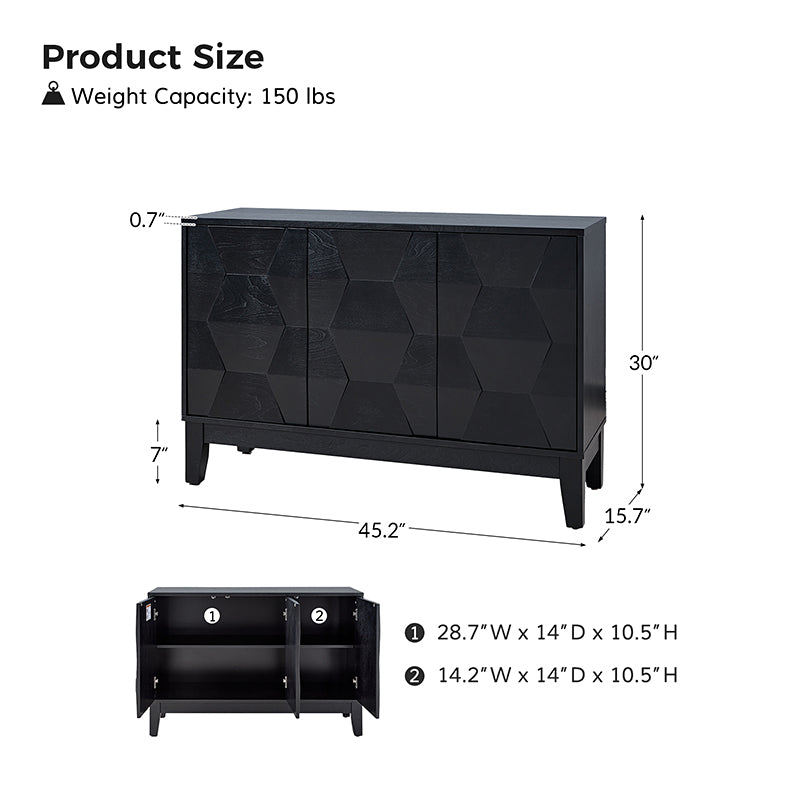 Buffet 3 portes à motif hexagonal en relief de 45 po avec portes à ouverture par pression, 2 tablettes ajustables et pieds effilés en bois d'hévéa | Noyer / Bois flotté / Noir / Blanc | Simple
