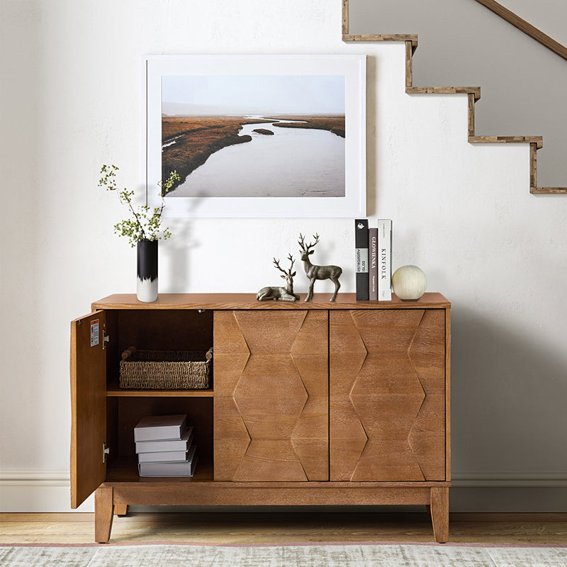 Buffet 3 portes à motif hexagonal en relief de 45 po avec portes à ouverture par pression, 2 tablettes ajustables et pieds effilés en bois d'hévéa | Noyer / Bois flotté / Noir / Blanc | Simple