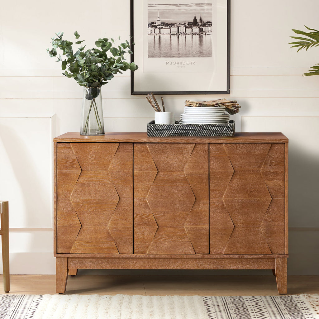 Buffet 3 portes à motif hexagonal en relief de 45 po avec portes à ouverture par pression, 2 tablettes ajustables et pieds effilés en bois d'hévéa | Noyer / Bois flotté / Noir / Blanc | Simple
