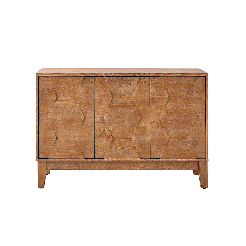 Buffet 3 portes à motif hexagonal en relief de 45 po avec portes à ouverture par pression, 2 tablettes ajustables et pieds effilés en bois d'hévéa | Noyer / Bois flotté / Noir / Blanc | Simple