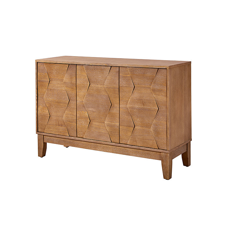 Buffet 3 portes à motif hexagonal en relief de 45 po avec portes à ouverture par pression, 2 tablettes ajustables et pieds effilés en bois d'hévéa | Noyer / Bois flotté / Noir / Blanc | Simple