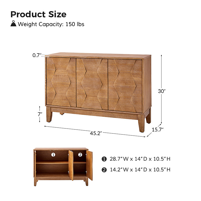 Buffet 3 portes à motif hexagonal en relief de 45 po avec portes à ouverture par pression, 2 tablettes ajustables et pieds effilés en bois d'hévéa | Noyer / Bois flotté / Noir / Blanc | Simple