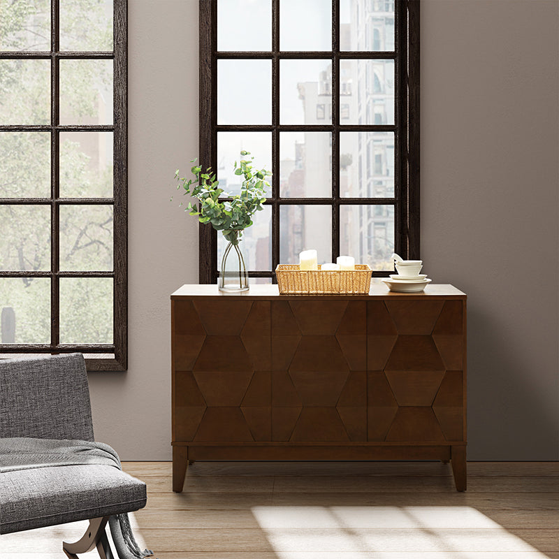 Buffet 3 portes à motif hexagonal en relief de 45 po avec portes à ouverture par pression, 2 tablettes ajustables et pieds effilés en bois d'hévéa | Noyer / Bois flotté / Noir / Blanc | Simple