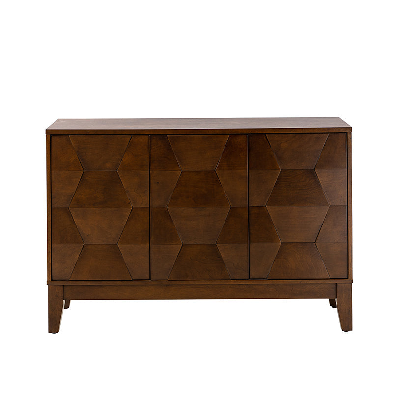 Buffet 3 portes à motif hexagonal en relief de 45 po avec portes à ouverture par pression, 2 tablettes ajustables et pieds effilés en bois d'hévéa | Noyer / Bois flotté / Noir / Blanc | Simple