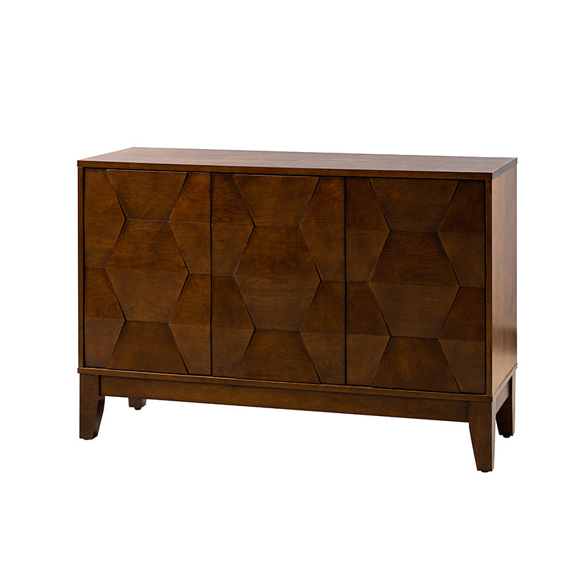 Buffet 3 portes à motif hexagonal en relief de 45 po avec portes à ouverture par pression, 2 tablettes ajustables et pieds effilés en bois d'hévéa | Noyer / Bois flotté / Noir / Blanc | Simple