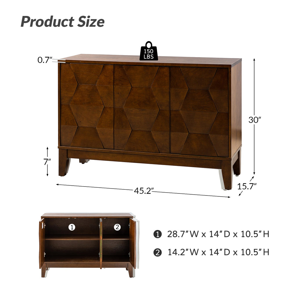 Buffet 3 portes à motif hexagonal en relief de 45 po avec portes à ouverture par pression, 2 tablettes ajustables et pieds effilés en bois d'hévéa | Noyer / Bois flotté / Noir / Blanc | Simple