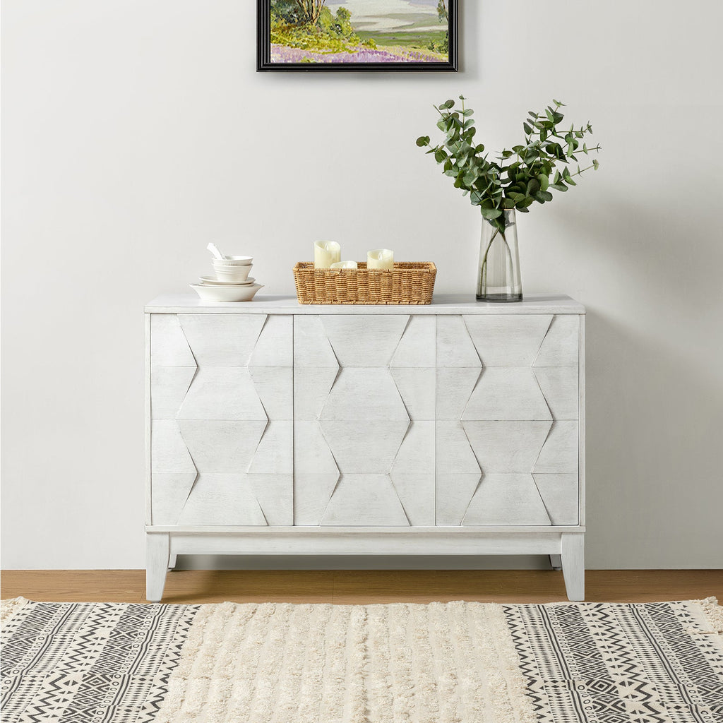 Buffet 3 portes à motif hexagonal en relief de 45 po avec portes à ouverture par pression, 2 tablettes ajustables et pieds effilés en bois d'hévéa | Noyer / Bois flotté / Noir / Blanc | Simple
