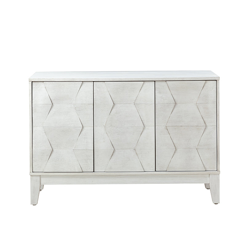 Buffet 3 portes à motif hexagonal en relief de 45 po avec portes à ouverture par pression, 2 tablettes ajustables et pieds effilés en bois d'hévéa | Noyer / Bois flotté / Noir / Blanc | Simple