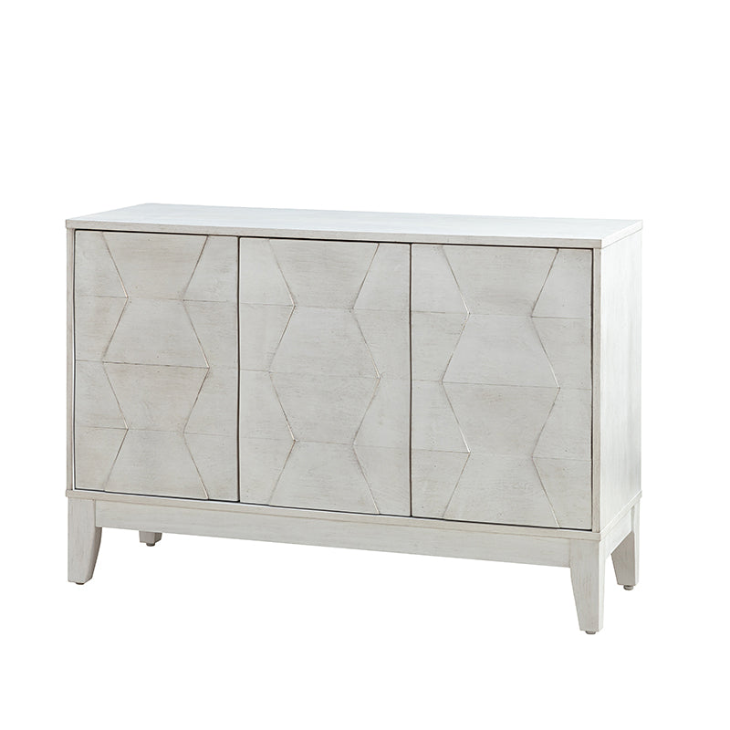 Buffet 3 portes à motif hexagonal en relief de 45 po avec portes à ouverture par pression, 2 tablettes ajustables et pieds effilés en bois d'hévéa | Noyer / Bois flotté / Noir / Blanc | Simple