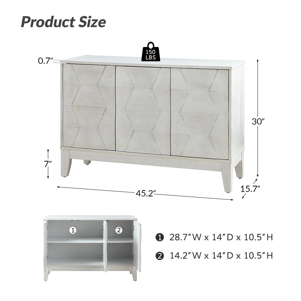 Buffet 3 portes à motif hexagonal en relief de 45 po avec portes à ouverture par pression, 2 tablettes ajustables et pieds effilés en bois d'hévéa | Noyer / Bois flotté / Noir / Blanc | Simple
