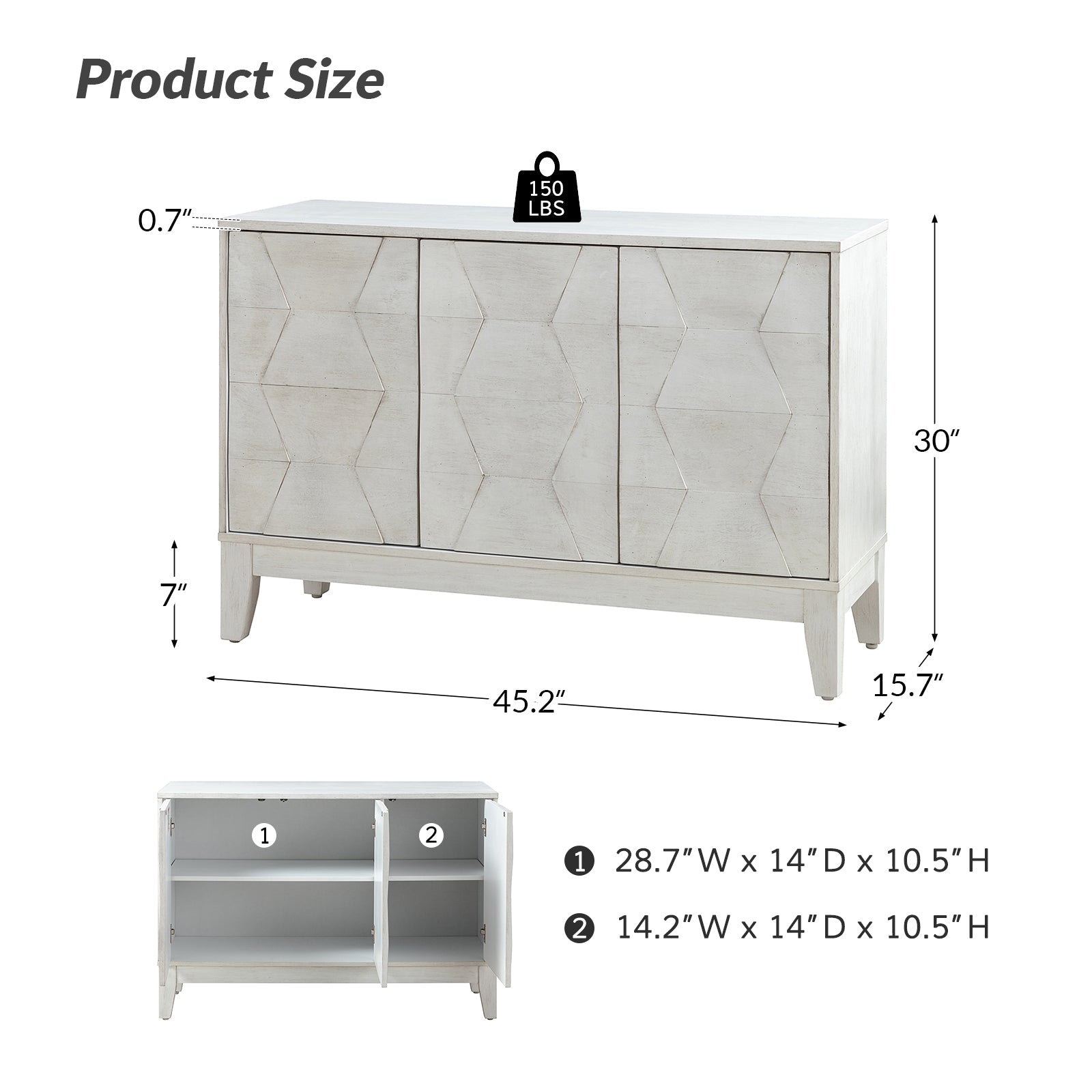 Buffet 3 portes à motif hexagonal en relief de 45 po avec portes à ouverture par pression, 2 tablettes ajustables et pieds effilés en bois d'hévéa | Noyer / Bois flotté / Noir / Blanc | Simple