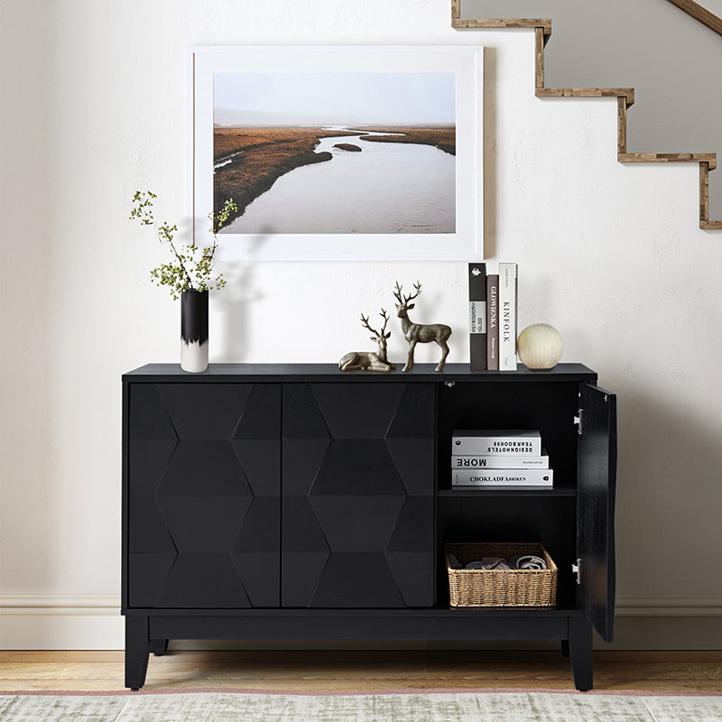 Buffet 3 portes à motif hexagonal en relief de 45 po avec portes à ouverture par pression, 2 tablettes ajustables et pieds effilés en bois d'hévéa | Noyer / Bois flotté / Noir / Blanc | Simple