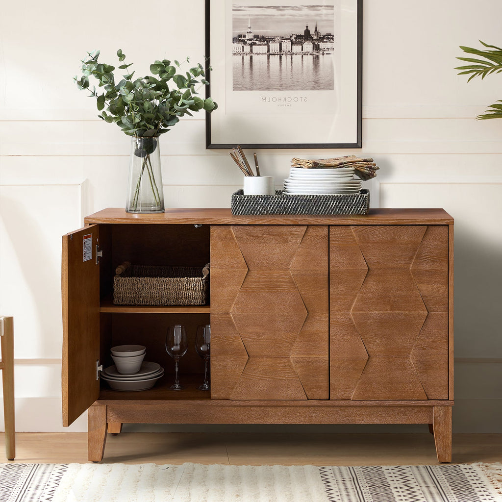 Buffet 3 portes à motif hexagonal en relief de 45 po avec portes à ouverture par pression, 2 tablettes ajustables et pieds effilés en bois d'hévéa | Noyer / Bois flotté / Noir / Blanc | Simple