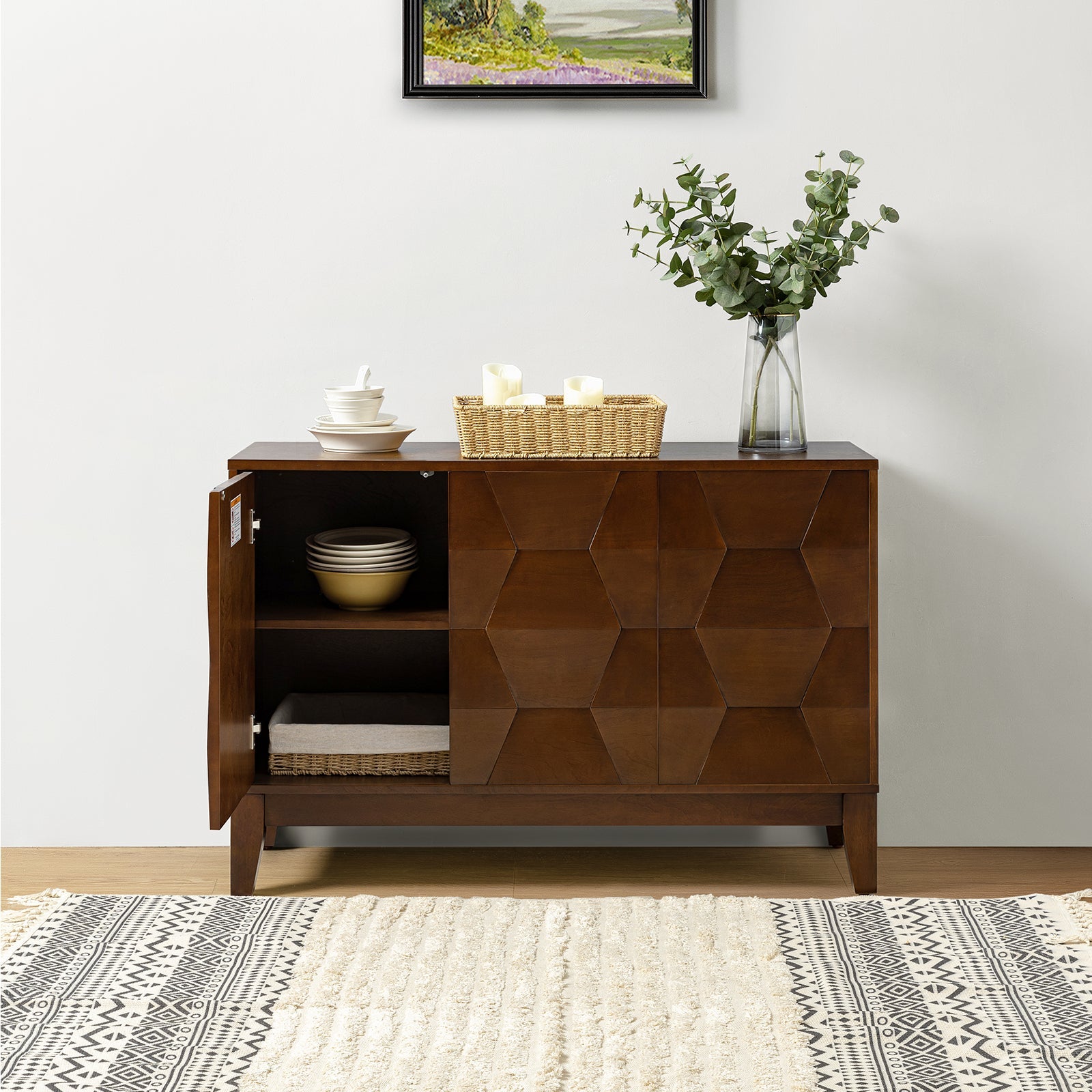 Buffet 3 portes à motif hexagonal en relief de 45 po avec portes à ouverture par pression, 2 tablettes ajustables et pieds effilés en bois d'hévéa | Noyer / Bois flotté / Noir / Blanc | Simple