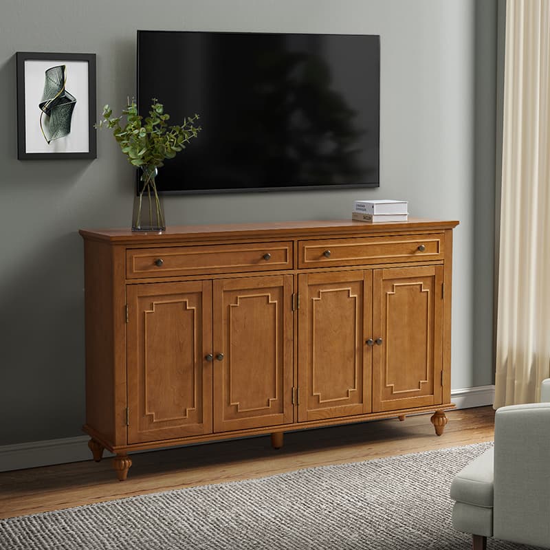 Bahut buffet de 147 cm avec 4 portes sculptées, étagère à vin et porte-verres | Chêne / Blanc | Simple