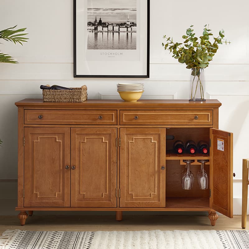 Bahut buffet de 147 cm avec 4 portes sculptées, étagère à vin et porte-verres | Chêne / Blanc | Simple