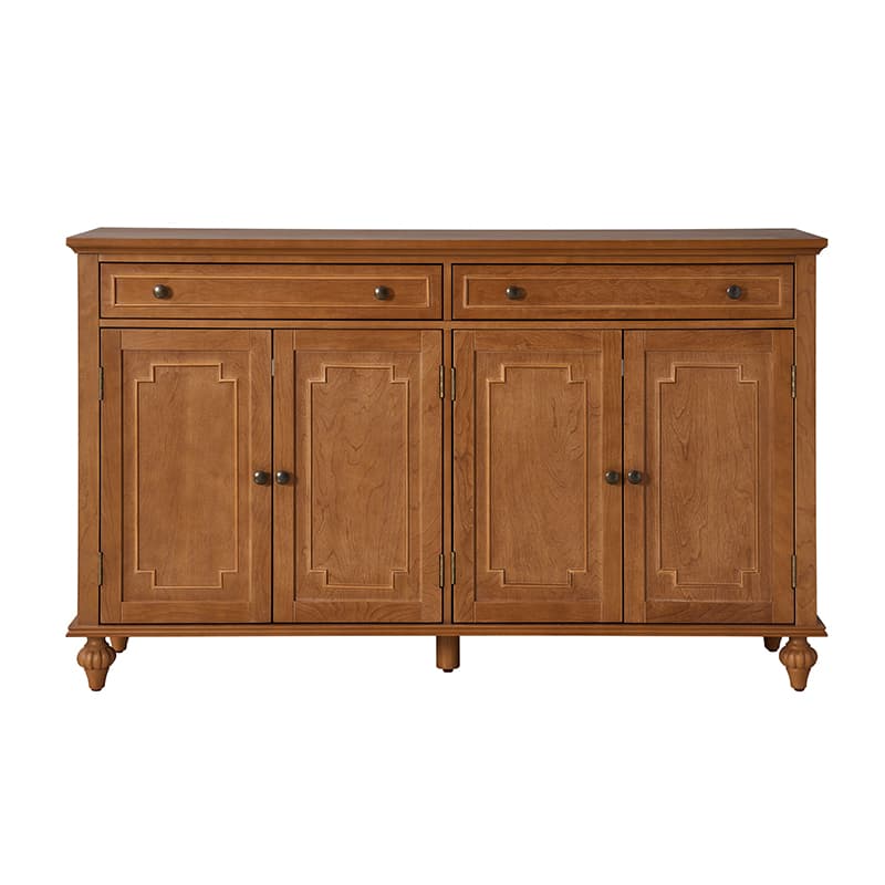 Bahut buffet de 147 cm avec 4 portes sculptées, étagère à vin et porte-verres | Chêne / Blanc | Simple