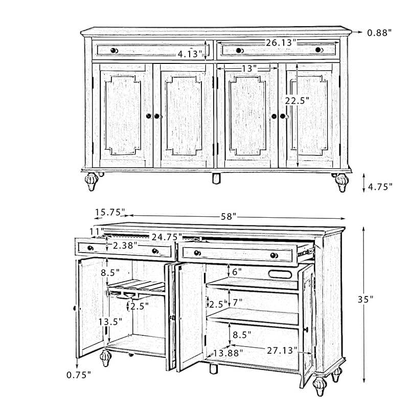 Bahut buffet de 147 cm avec 4 portes sculptées, étagère à vin et porte-verres | Chêne / Blanc | Simple