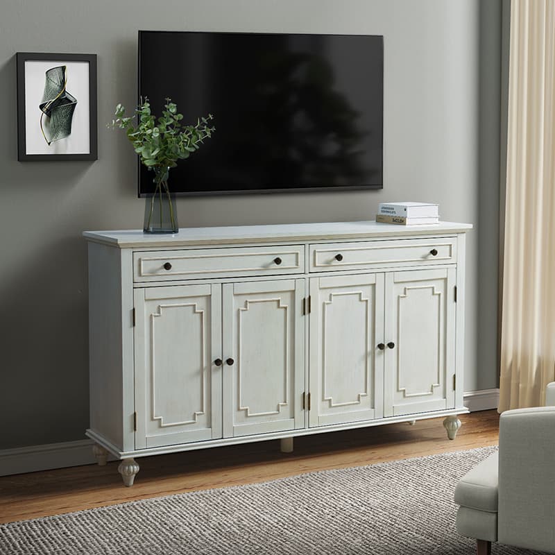 Bahut buffet de 147 cm avec 4 portes sculptées, étagère à vin et porte-verres | Chêne / Blanc | Simple