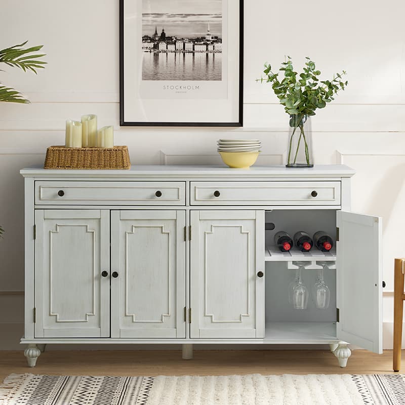 Bahut buffet de 147 cm avec 4 portes sculptées, étagère à vin et porte-verres | Chêne / Blanc | Simple