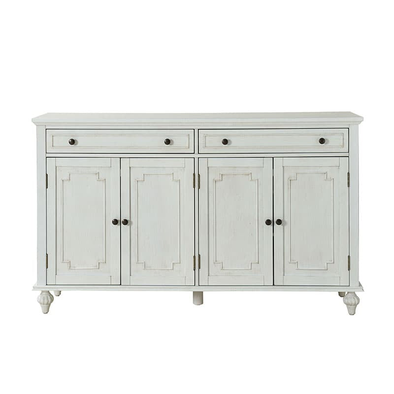 Bahut buffet de 147 cm avec 4 portes sculptées, étagère à vin et porte-verres | Chêne / Blanc | Simple