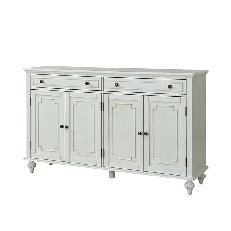 Bahut buffet de 147 cm avec 4 portes sculptées, étagère à vin et porte-verres | Chêne / Blanc | Simple