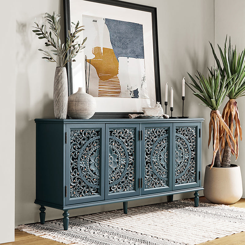 Buffet en bois massif sculpté avec éclairage infrarouge LED intégré, casier à vin, 4 armoires et étagères réglables | Bleu / Blanc | Simple