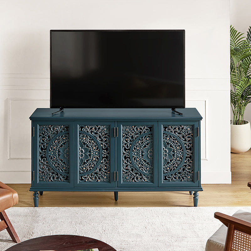 Buffet en bois massif sculpté avec éclairage infrarouge LED intégré, casier à vin, 4 armoires et étagères réglables | Bleu / Blanc | Simple