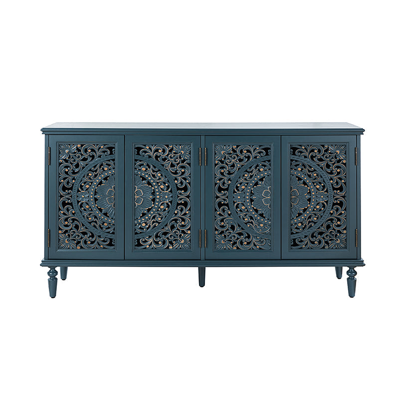Buffet en bois massif sculpté avec éclairage infrarouge LED intégré, casier à vin, 4 armoires et étagères réglables | Bleu / Blanc | Simple