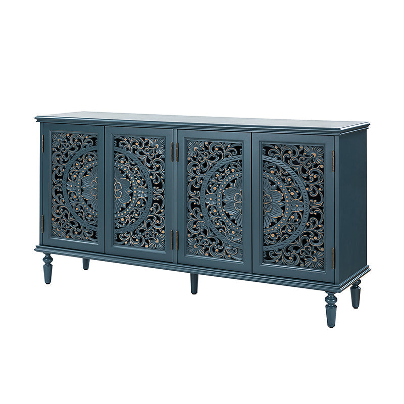 Buffet en bois massif sculpté avec éclairage infrarouge LED intégré, casier à vin, 4 armoires et étagères réglables | Bleu / Blanc | Simple