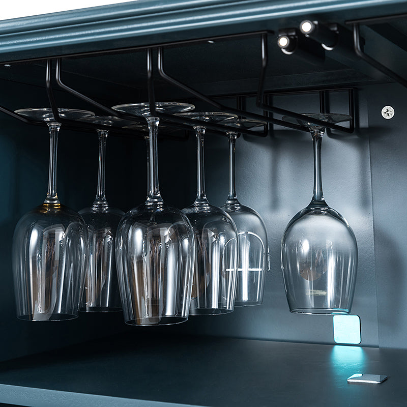 Buffet en bois massif sculpté avec éclairage infrarouge LED intégré, casier à vin, 4 armoires et étagères réglables | Bleu / Blanc | Simple